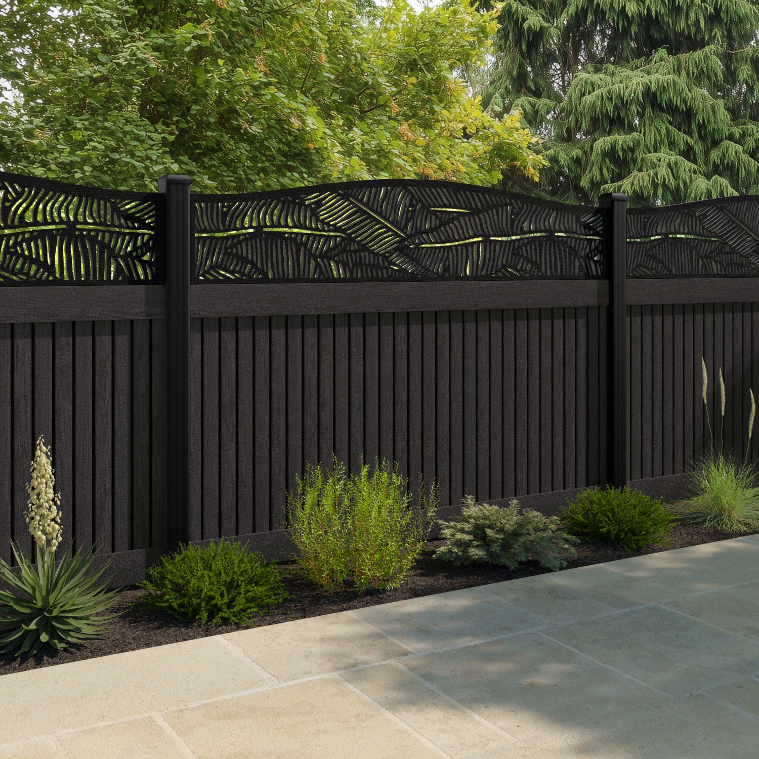 Virtis Feather Curved Top Fence Panel - Dark Oak - with our composite posts