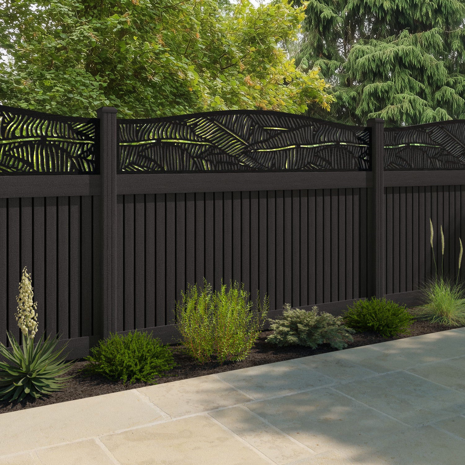 Virtis Feather Curved Top Fence Panel - Dark Oak - with our composite posts