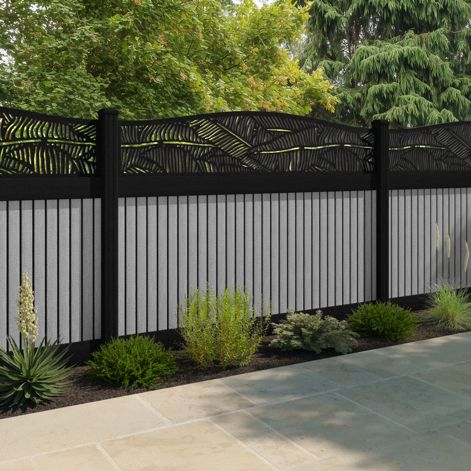 Virtis Feather Curved Top Fence Panel - Light Grey - with our aluminium posts