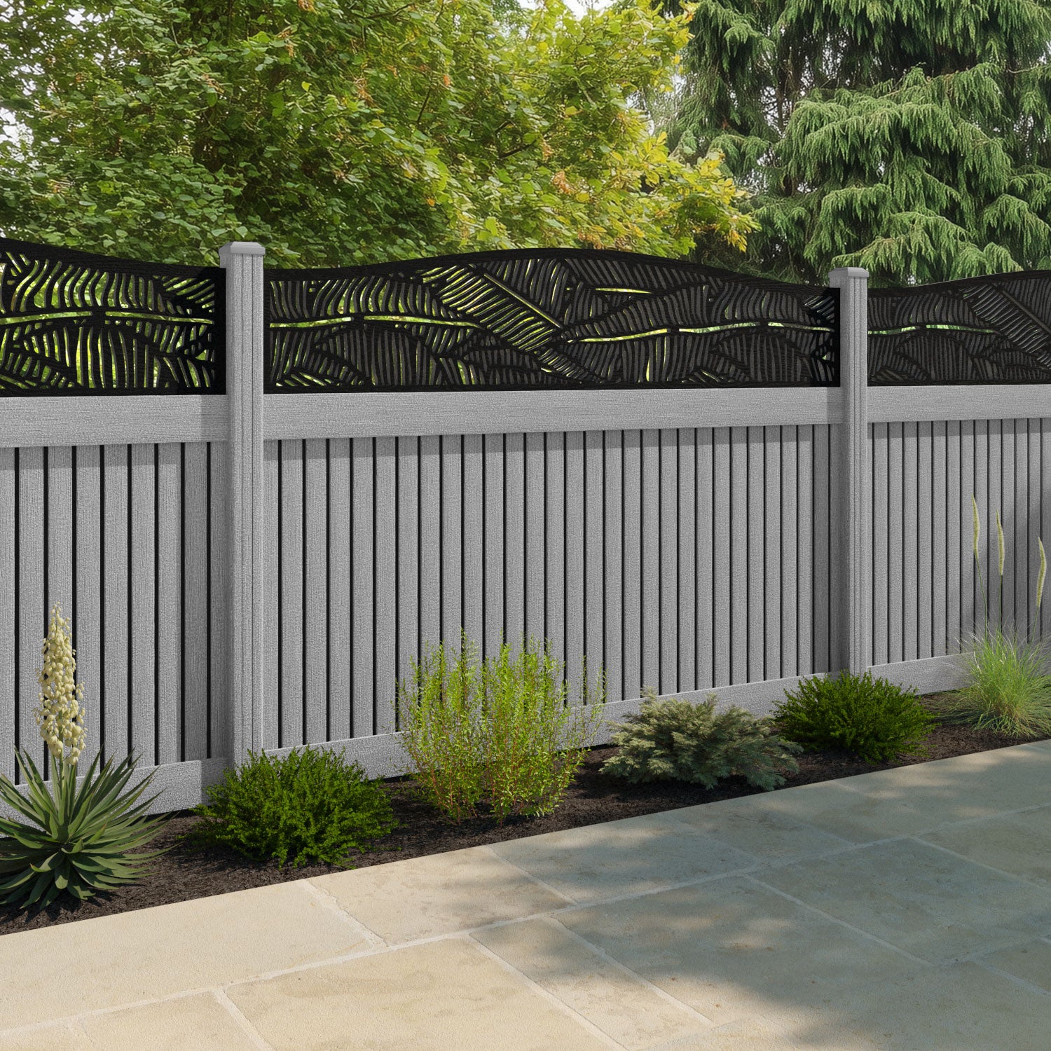 Virtis Feather Curved Top Fence Panel - Light Grey - with our composite posts