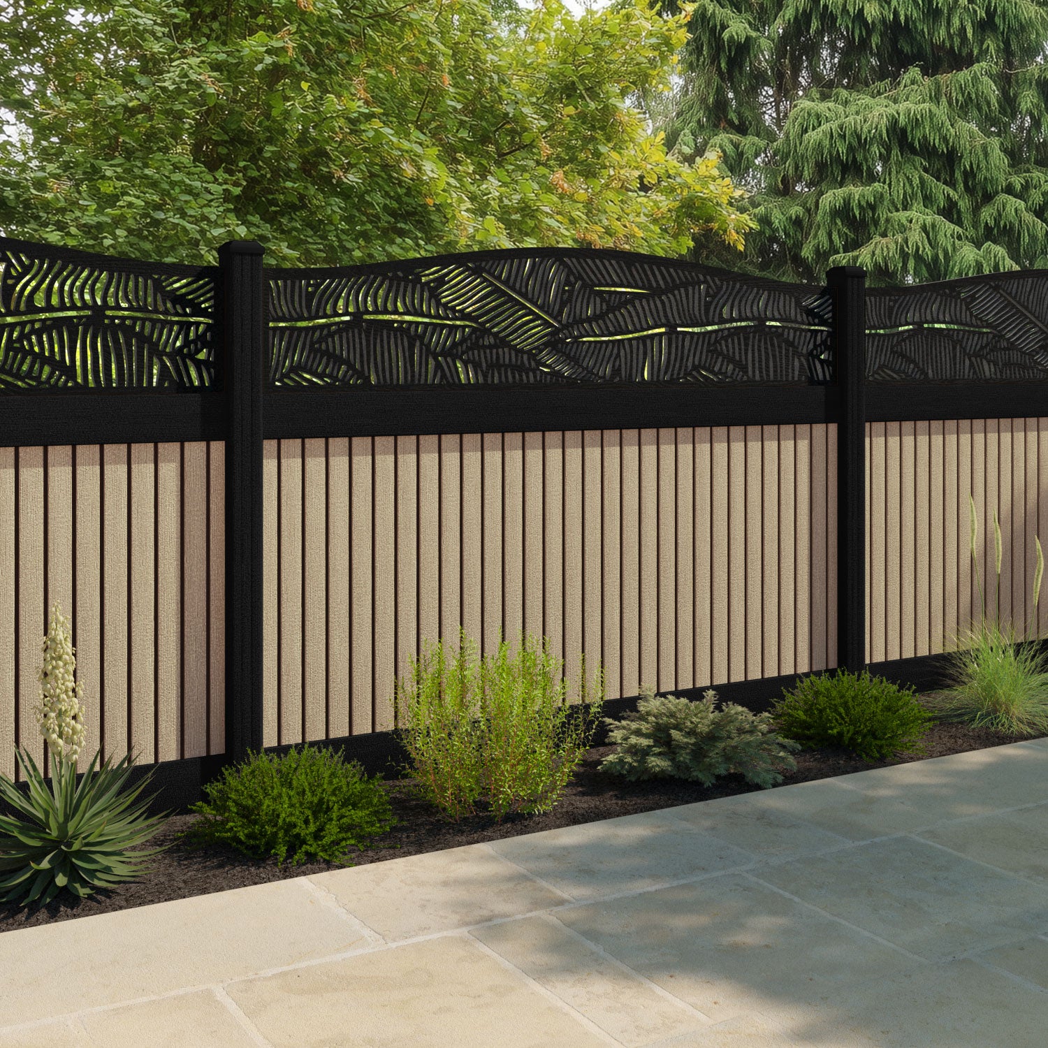 Virtis Feather Curved Top Fence Panel - Light Oak - with our composite posts