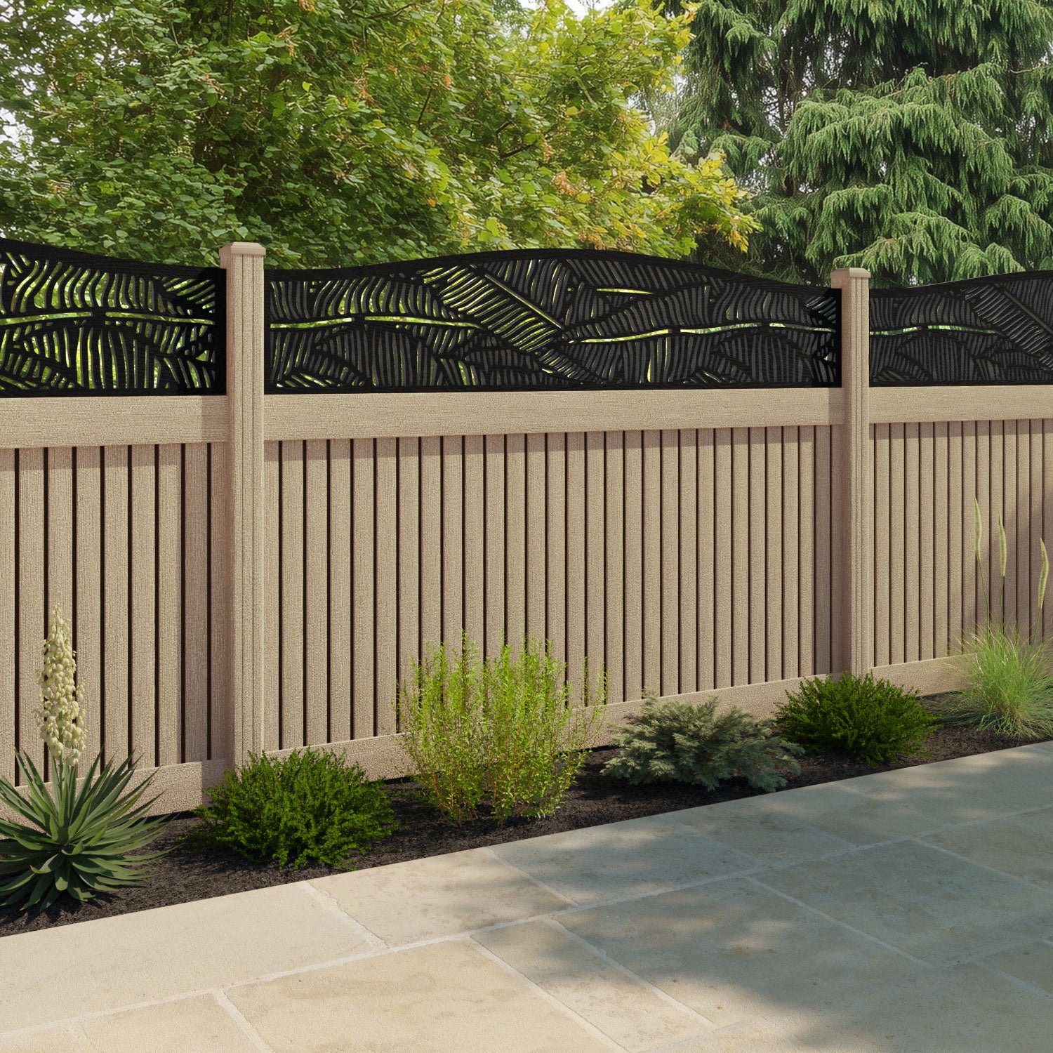 Virtis Feather Curved Top Fence Panel - Light Oak - with our composite posts