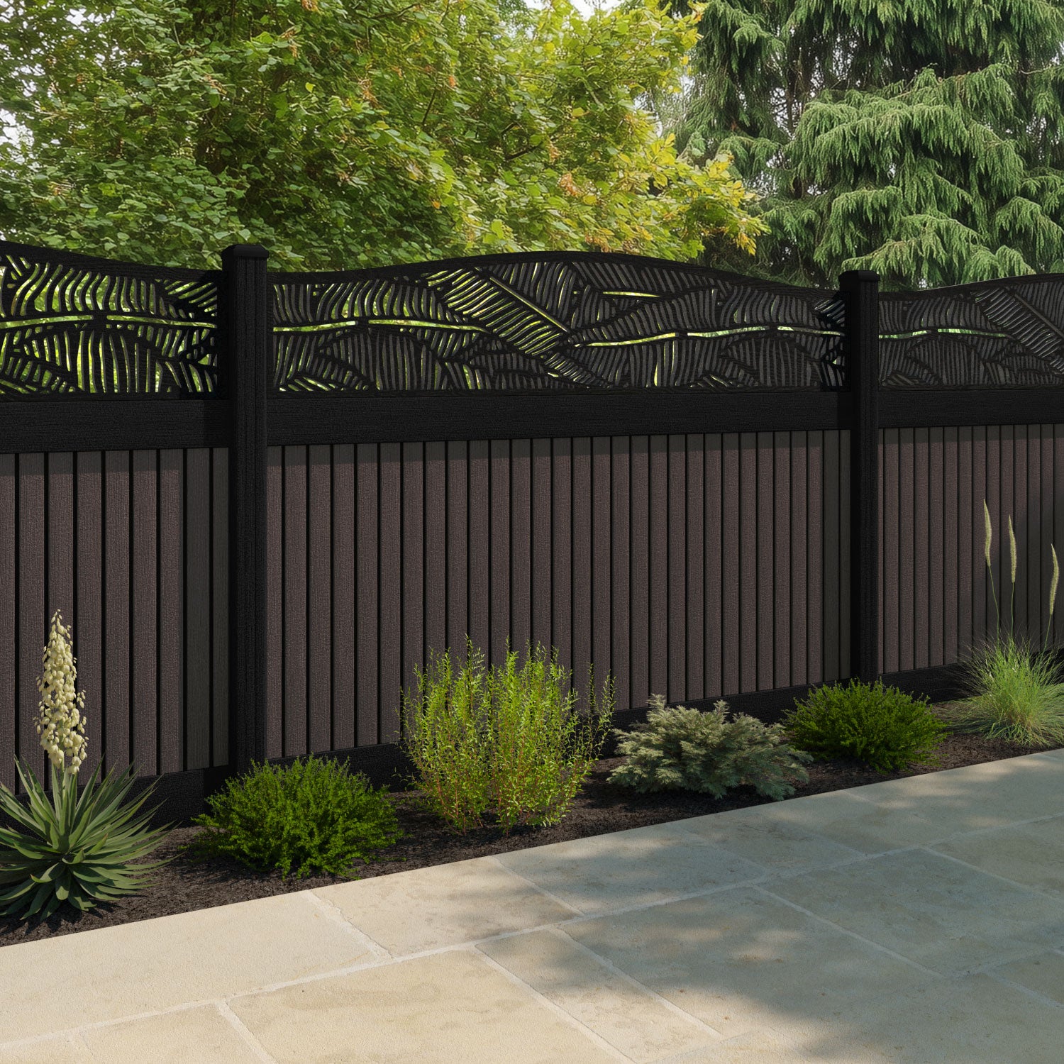 Virtis Feather Curved Top Fence Panel - Mid Brown - with our aluminium posts