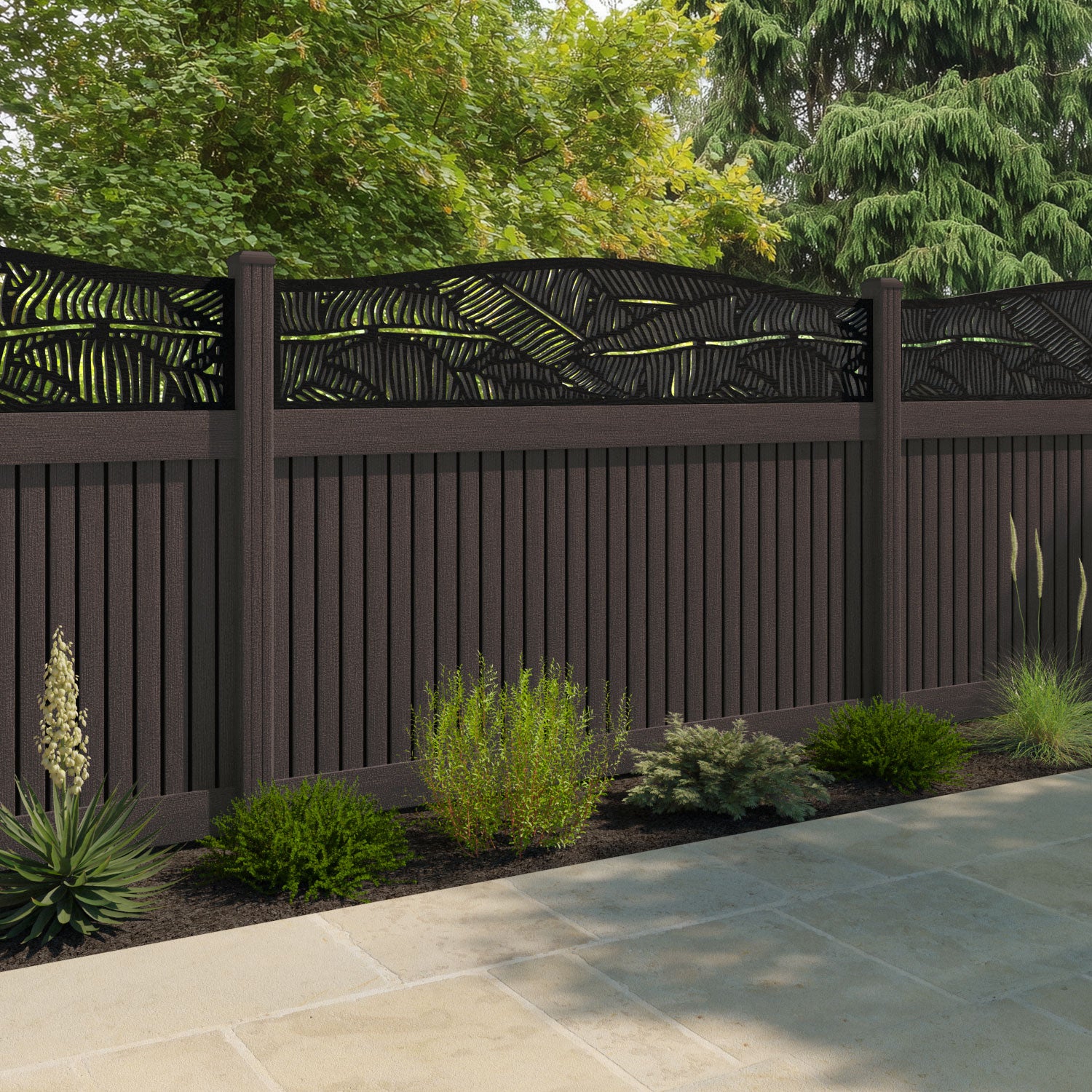 Virtis Feather Curved Top Fence Panel - Mid Brown - with our composite posts