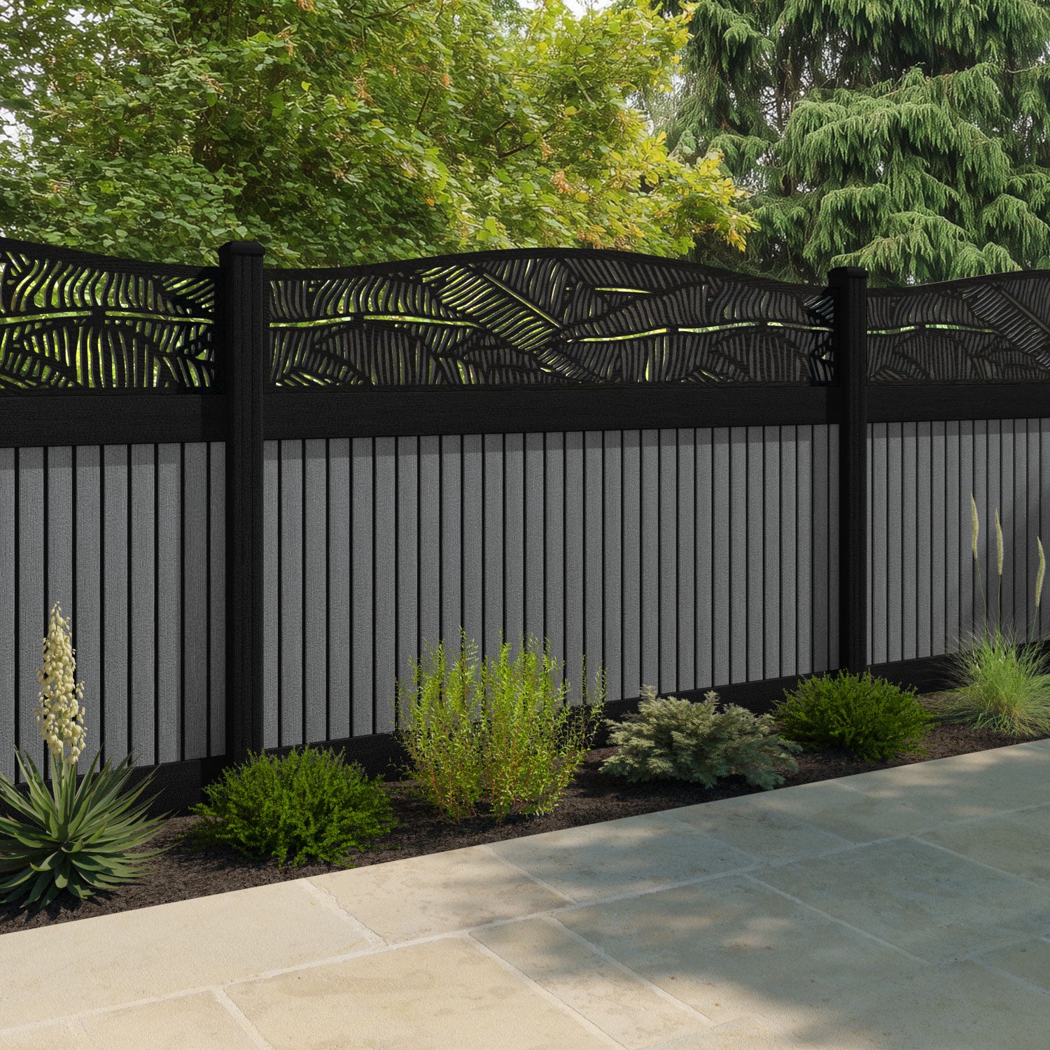 Virtis Feather Curved Top Fence Panel - Mid Grey - with our aluminium posts