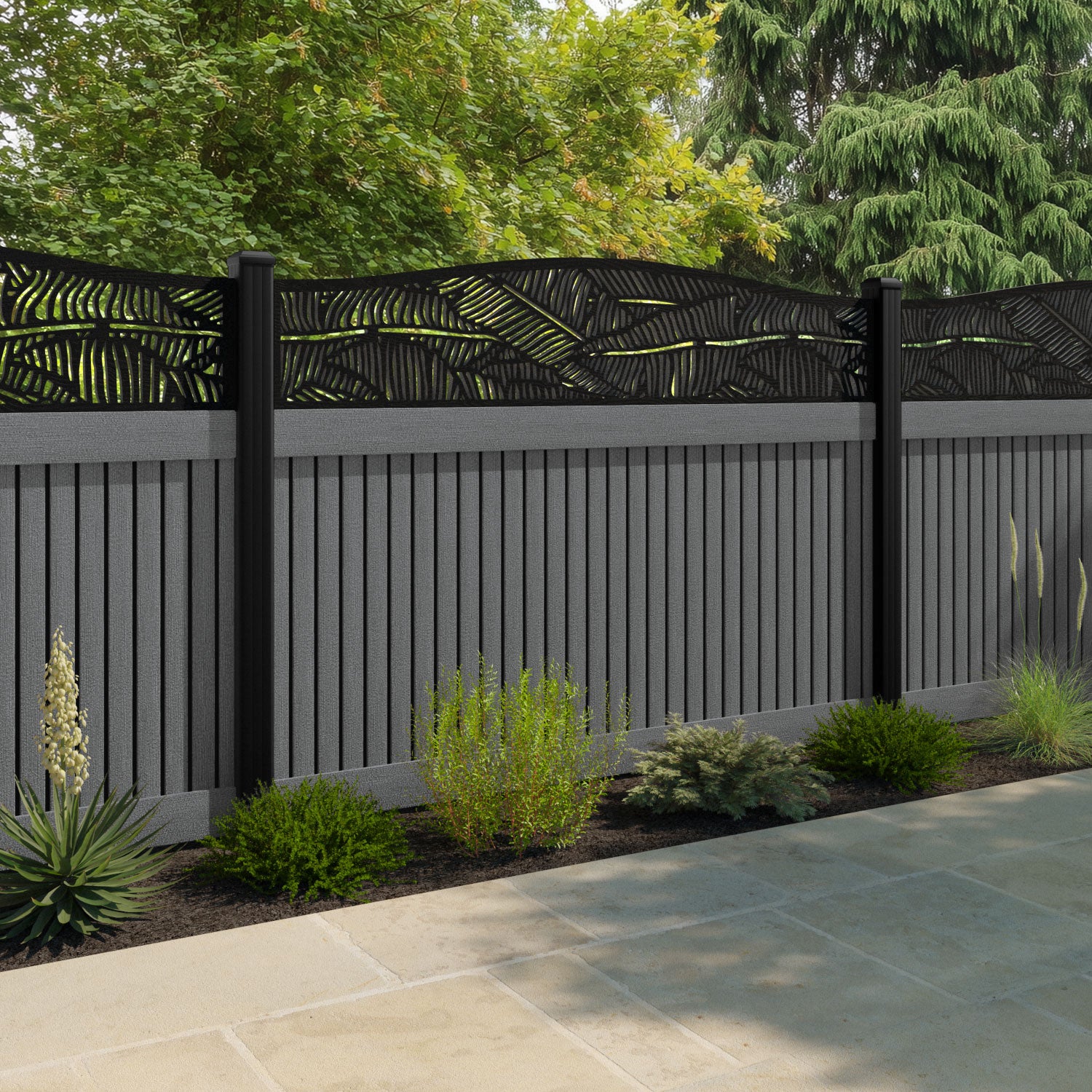Virtis Feather Curved Top Fence Panel - Mid Grey - with our composite posts