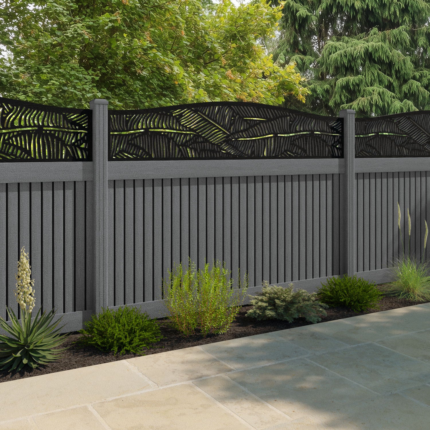 Virtis Feather Curved Top Fence Panel - Mid Grey - with our composite posts