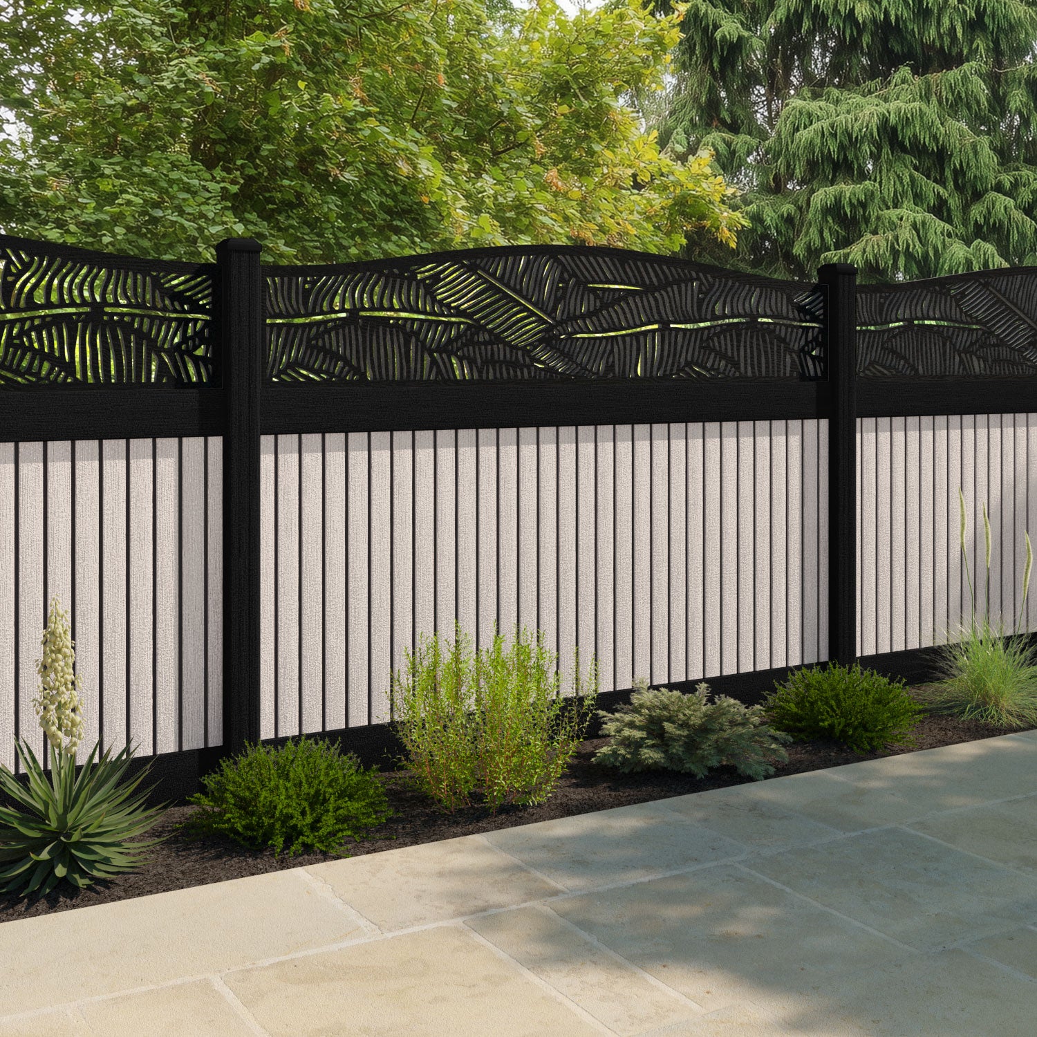 Virtis Feather Curved Top Fence Panel - Mid Stone - with our aluminium posts