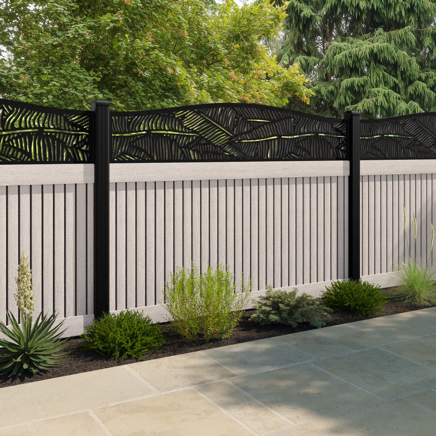 Virtis Feather Curved Top Fence Panel - Mid Stone - with our aluminium posts