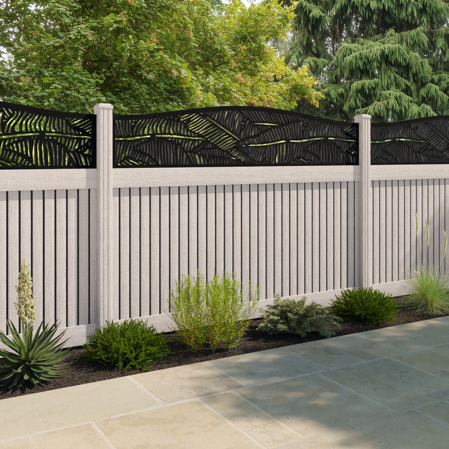 Virtis Feather Curved Top Fence Panel - Mid Stone - with our composite posts