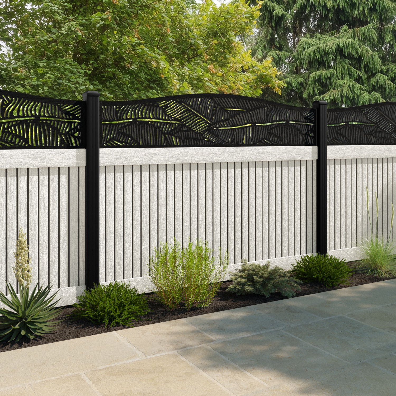 Virtis Feather Curved Top Fence Panel - Light Stone - with our aluminium posts