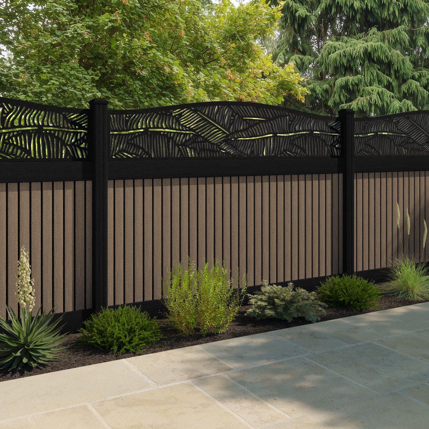 Virtis Feather Curved Top Fence Panel - Teak - with our composite posts