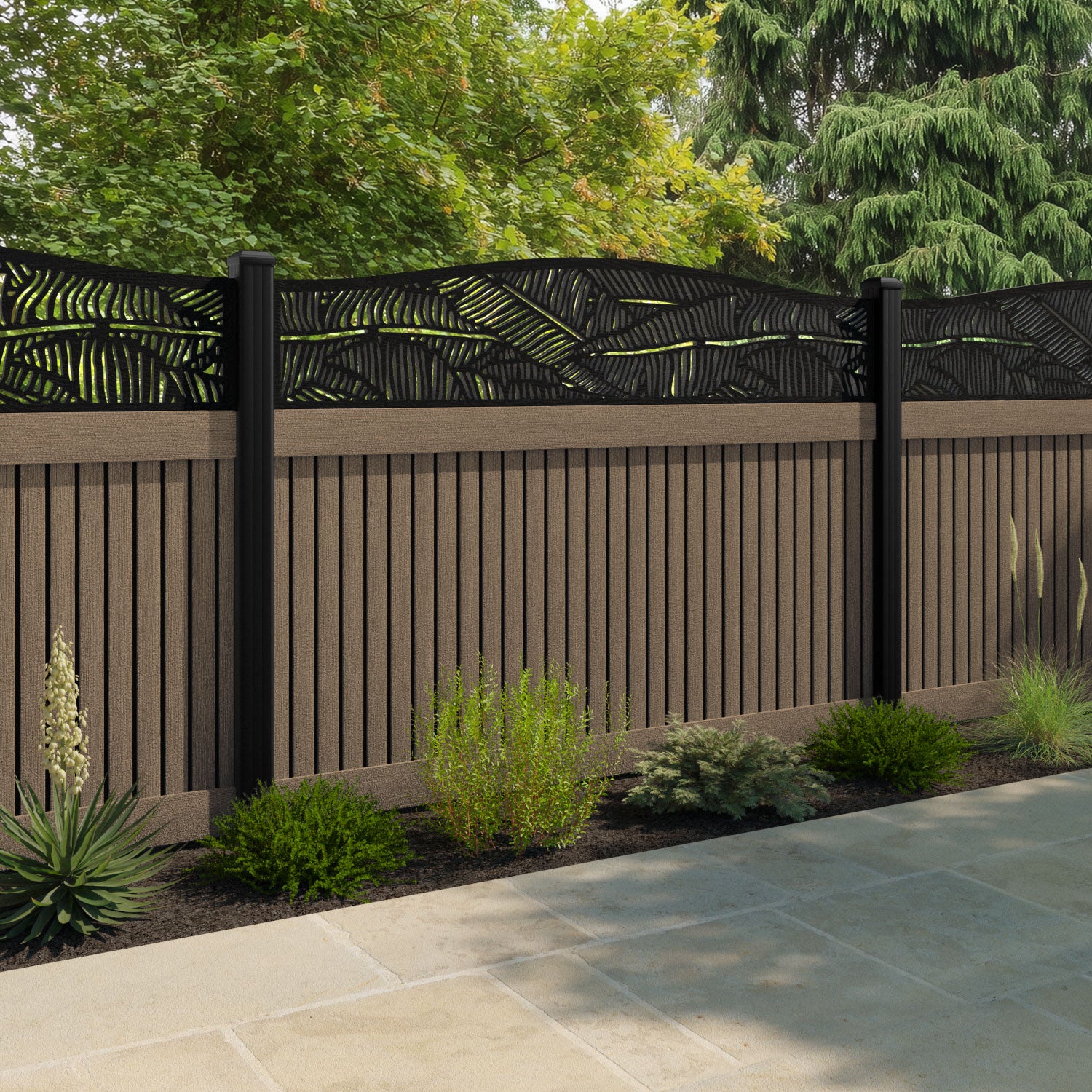 Virtis Feather Curved Top Fence Panel - Teak - with our aluminium posts