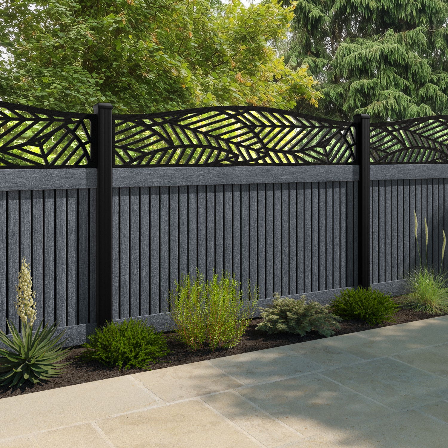 Virtis Habitat Curved Top Fence Panel - Anthracite - with our aluminium posts
