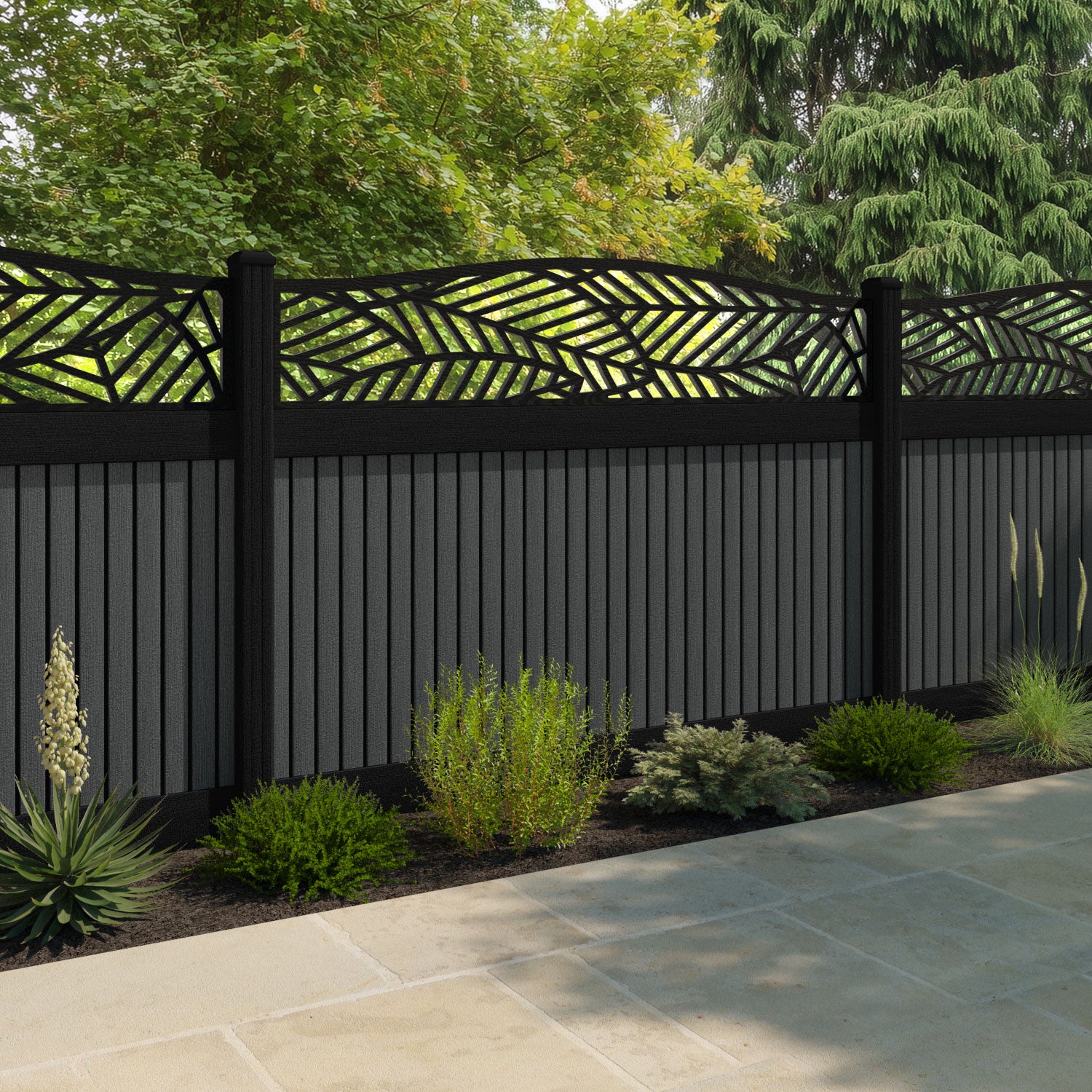 Virtis Habitat Curved Top Fence Panel - Dark Grey - with our composite posts