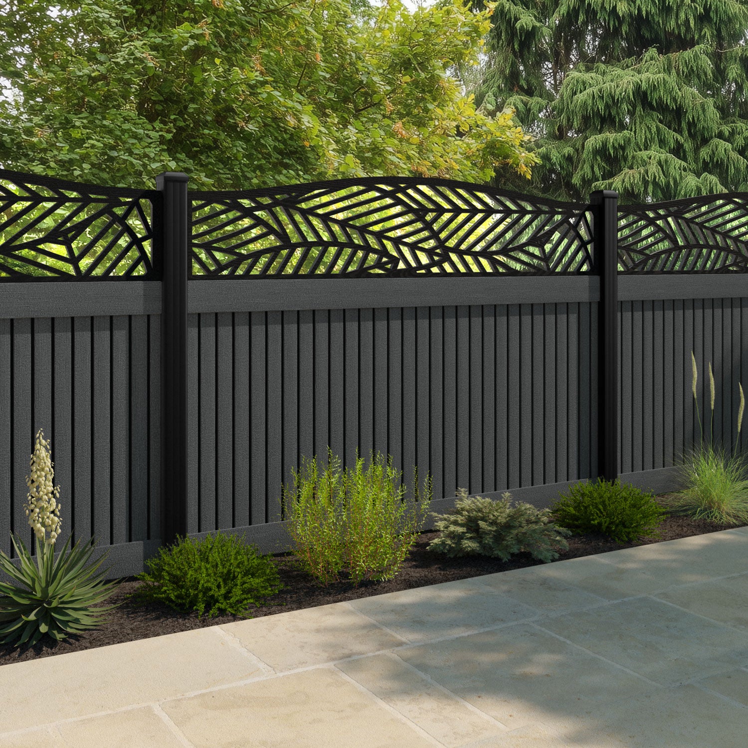 Virtis Habitat Curved Top Fence Panel - Dark Grey - with our composite posts
