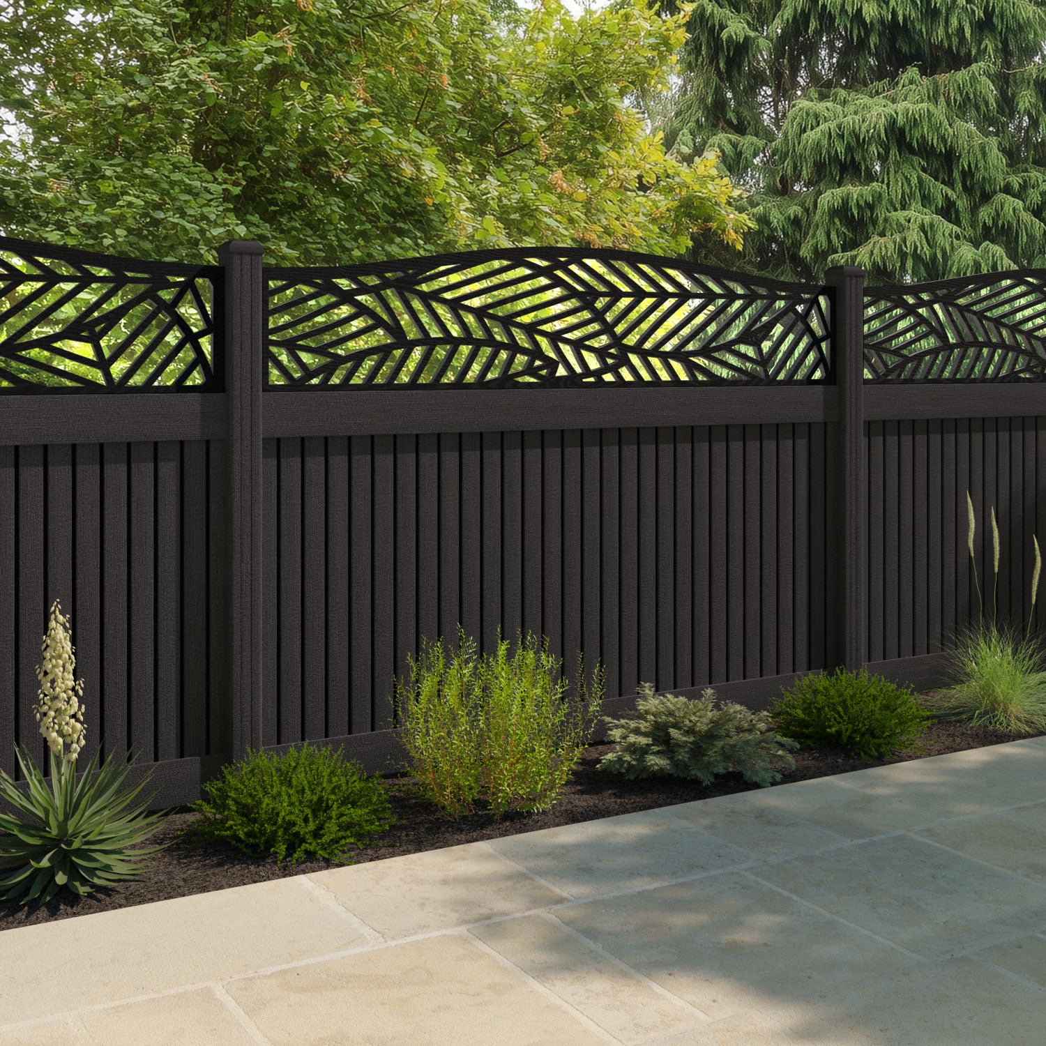 Virtis Habitat Curved Top Fence Panel - Dark Oak - with our composite posts