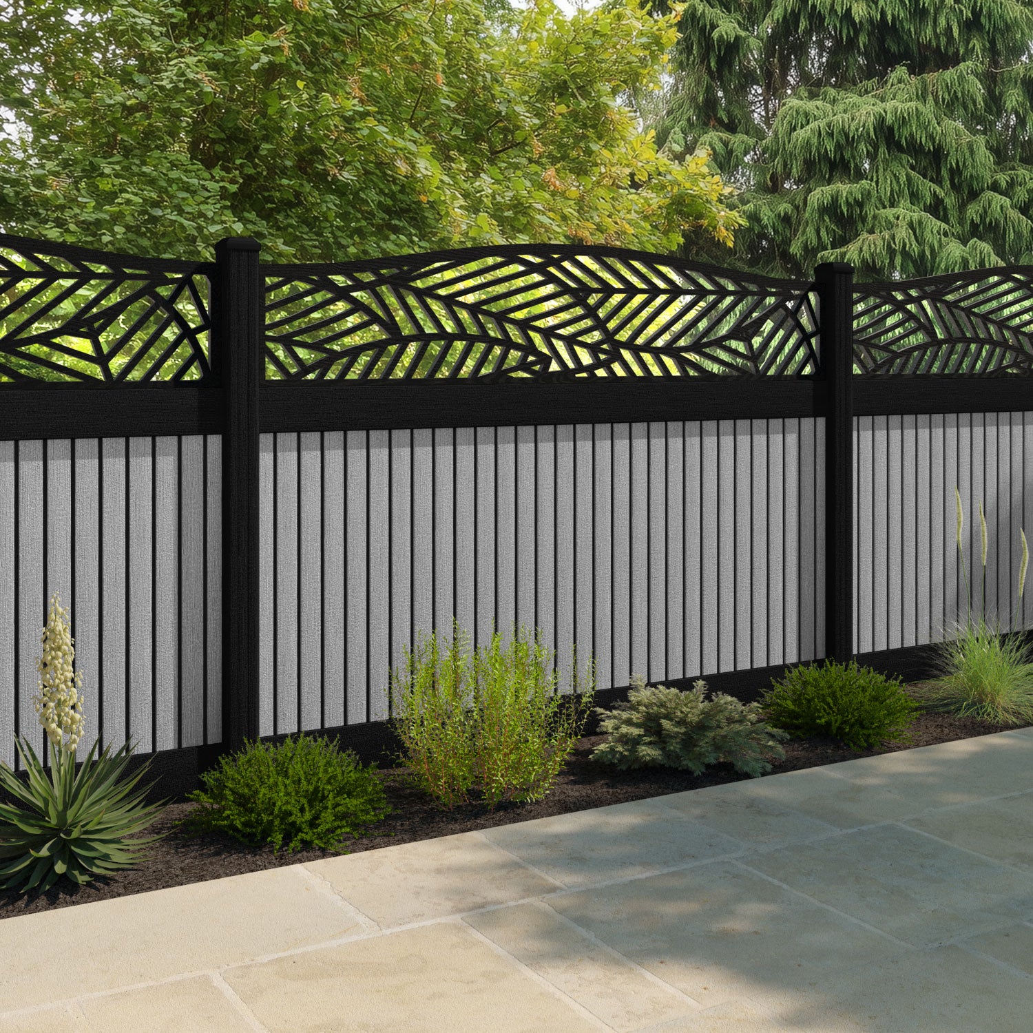 Virtis Habitat Curved Top Fence Panel - Light Grey - with our aluminium posts