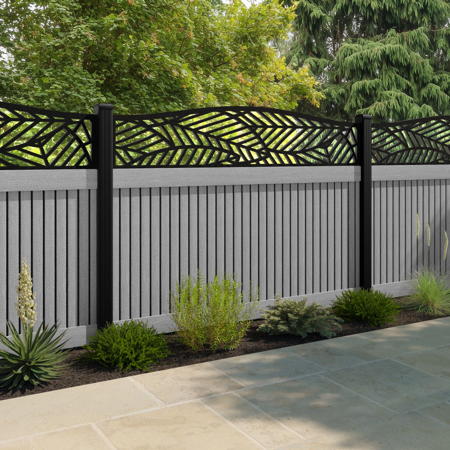 Virtis Habitat Curved Top Fence Panel - Light Grey - with our aluminium posts