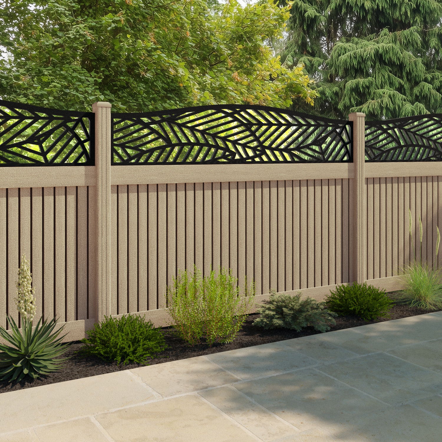 Virtis Habitat Curved Top Fence Panel - Light Oak - with our composite posts