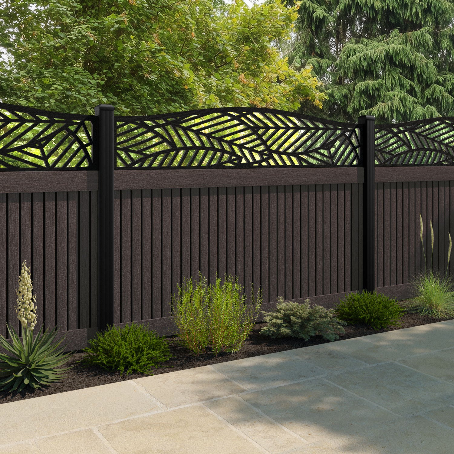 Virtis Habitat Curved Top Fence Panel - Mid Brown - with our aluminium posts
