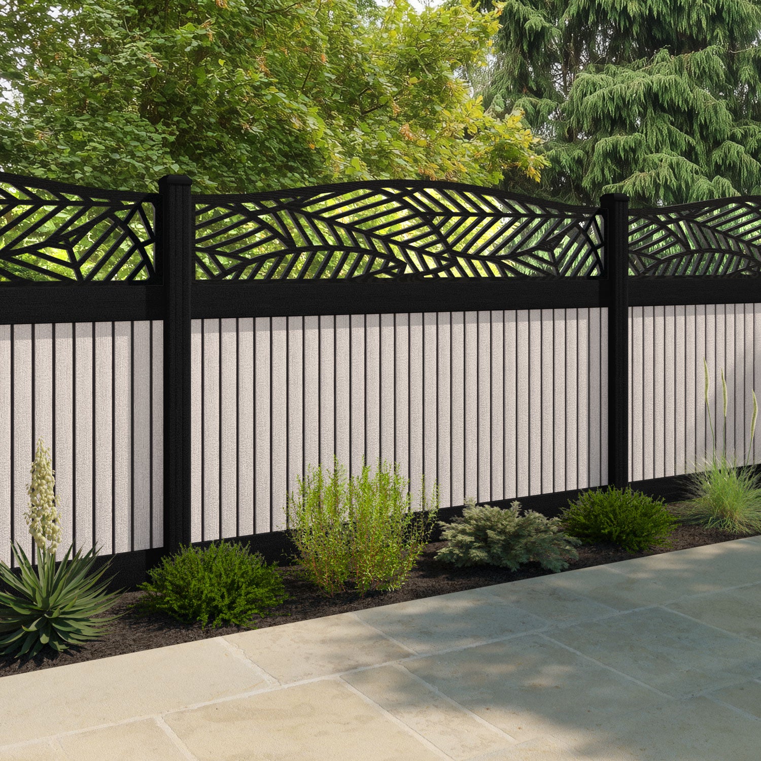 Virtis Habitat Curved Top Fence Panel - Mid Stone - with our composite posts