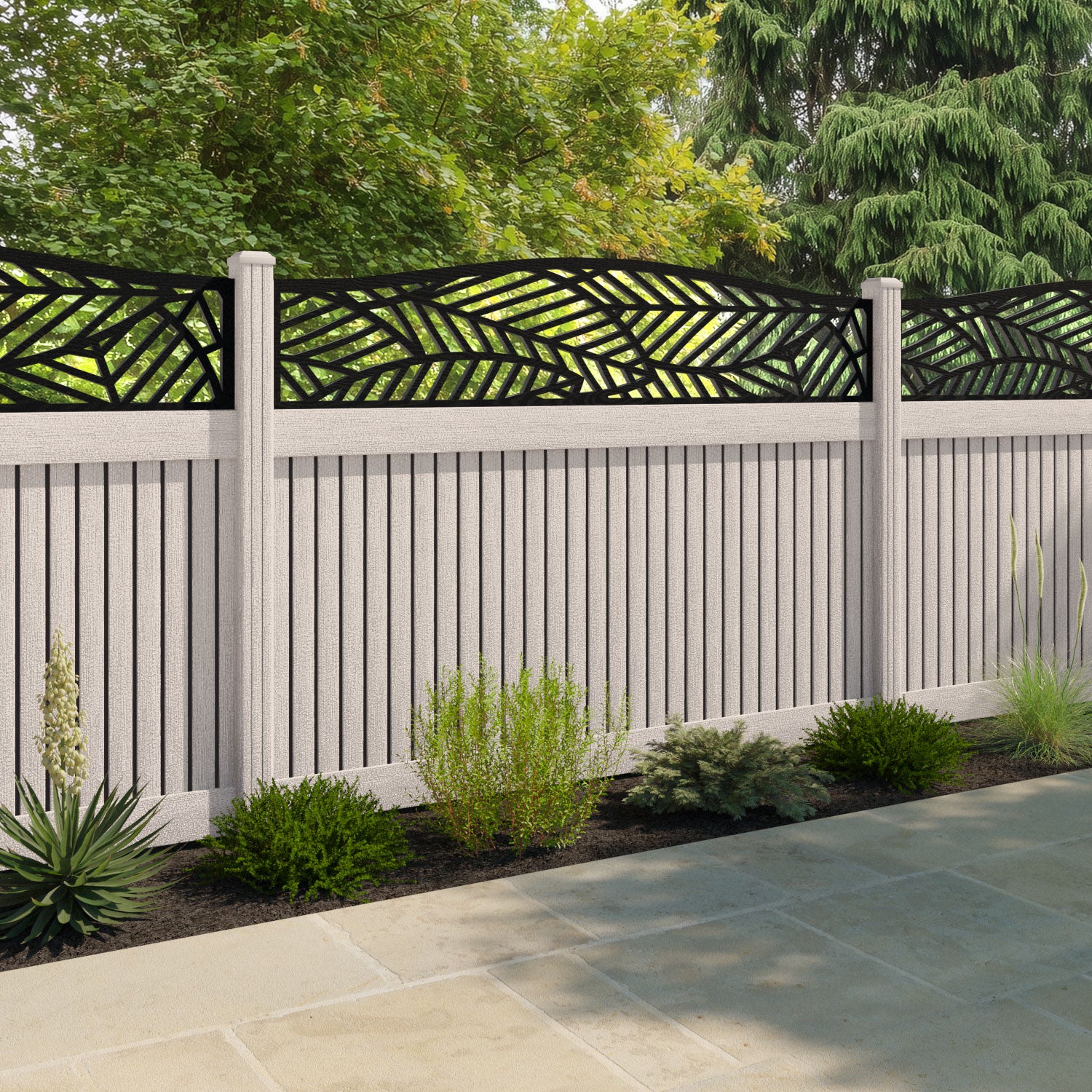 Virtis Habitat Curved Top Fence Panel - Mid Stone - with our composite posts