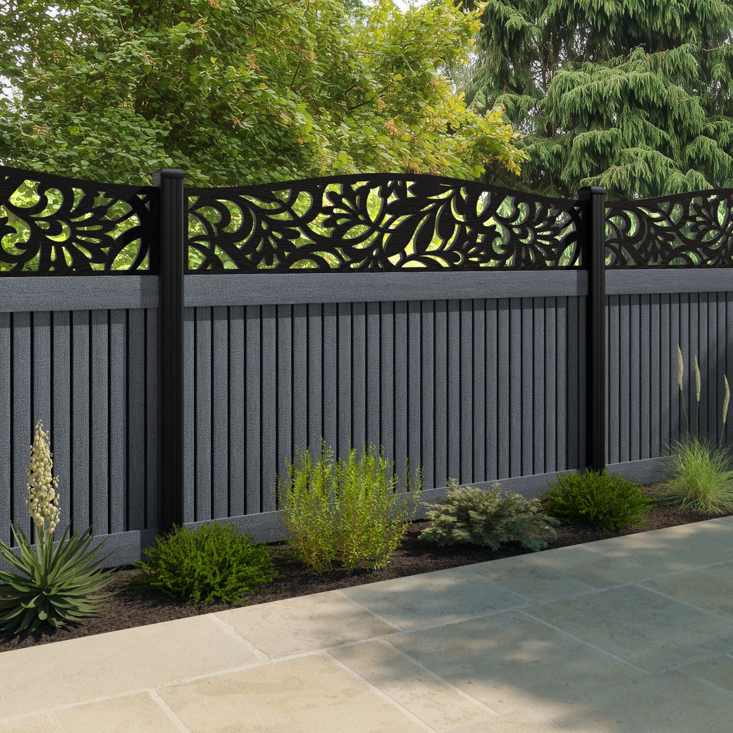 Virtis Heritage Curved Top Fence Panel - Anthracite - with our aluminium posts