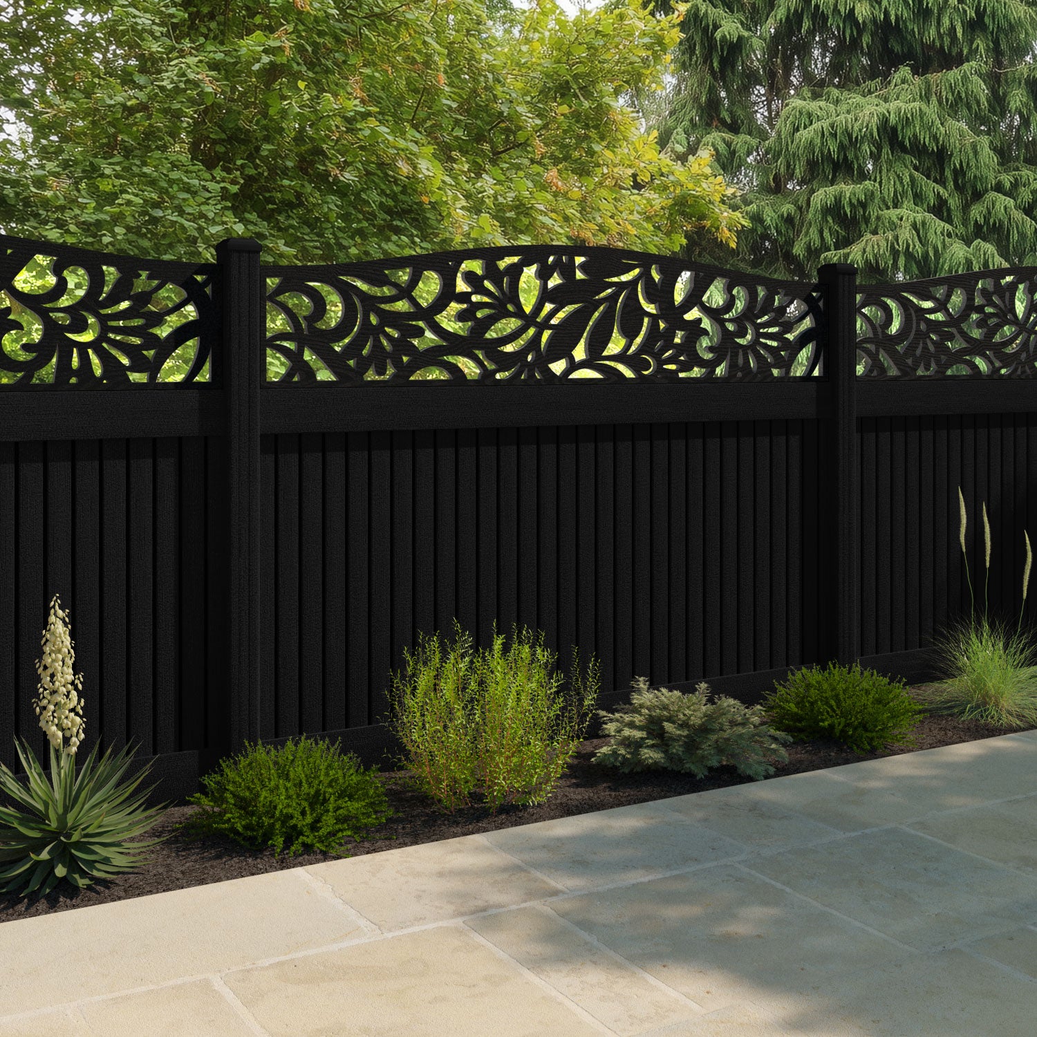 Virtis Heritage Curved Top Fence Panel - Black - with our composite posts