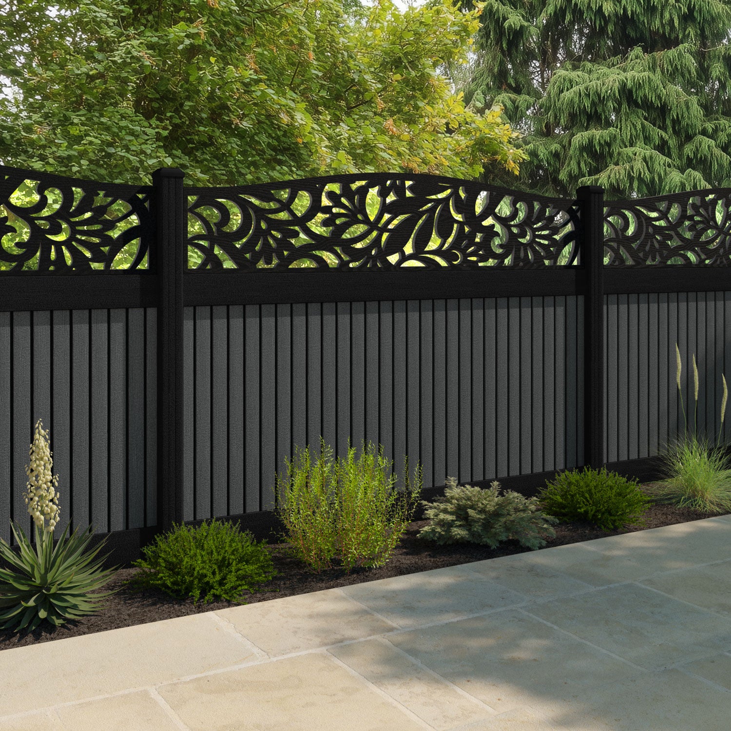 Virtis Heritage Curved Top Fence Panel - Dark Grey - with our aluminium posts