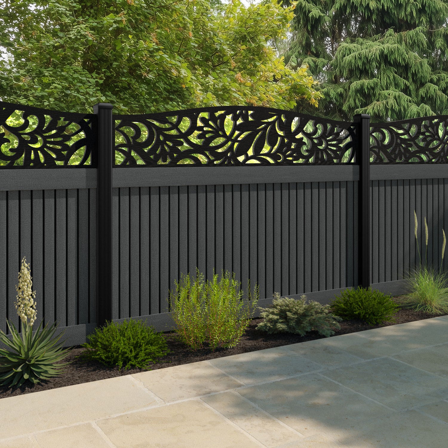 Virtis Heritage Curved Top Fence Panel - Dark Grey - with our composite posts