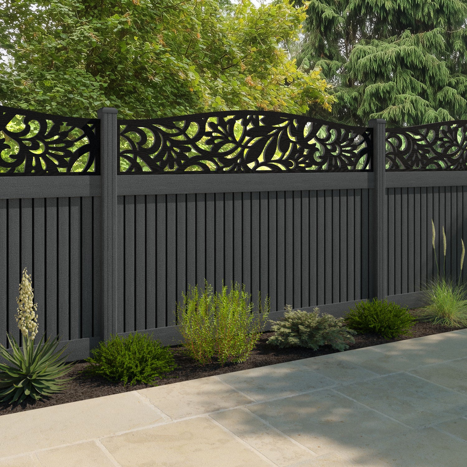 Virtis Heritage Curved Top Fence Panel - Dark Grey - with our composite posts