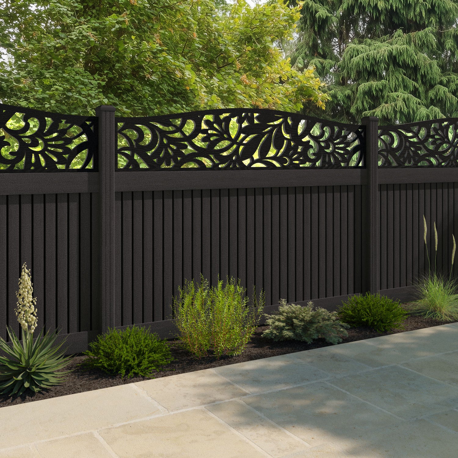 Virtis Heritage Curved Top Fence Panel - Dark Oak - with our composite posts