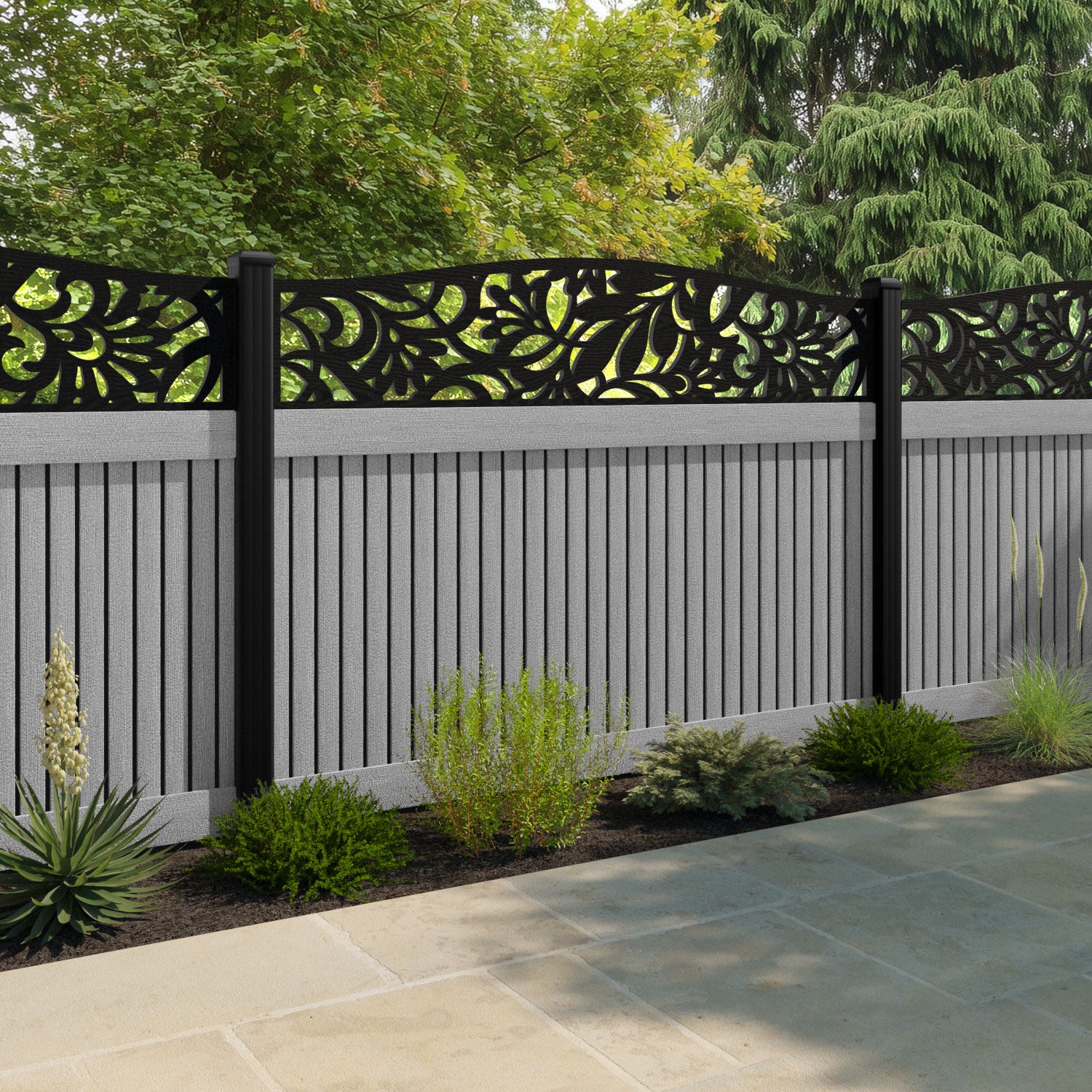 Virtis Heritage Curved Top Fence Panel - Light Grey - with our composite posts