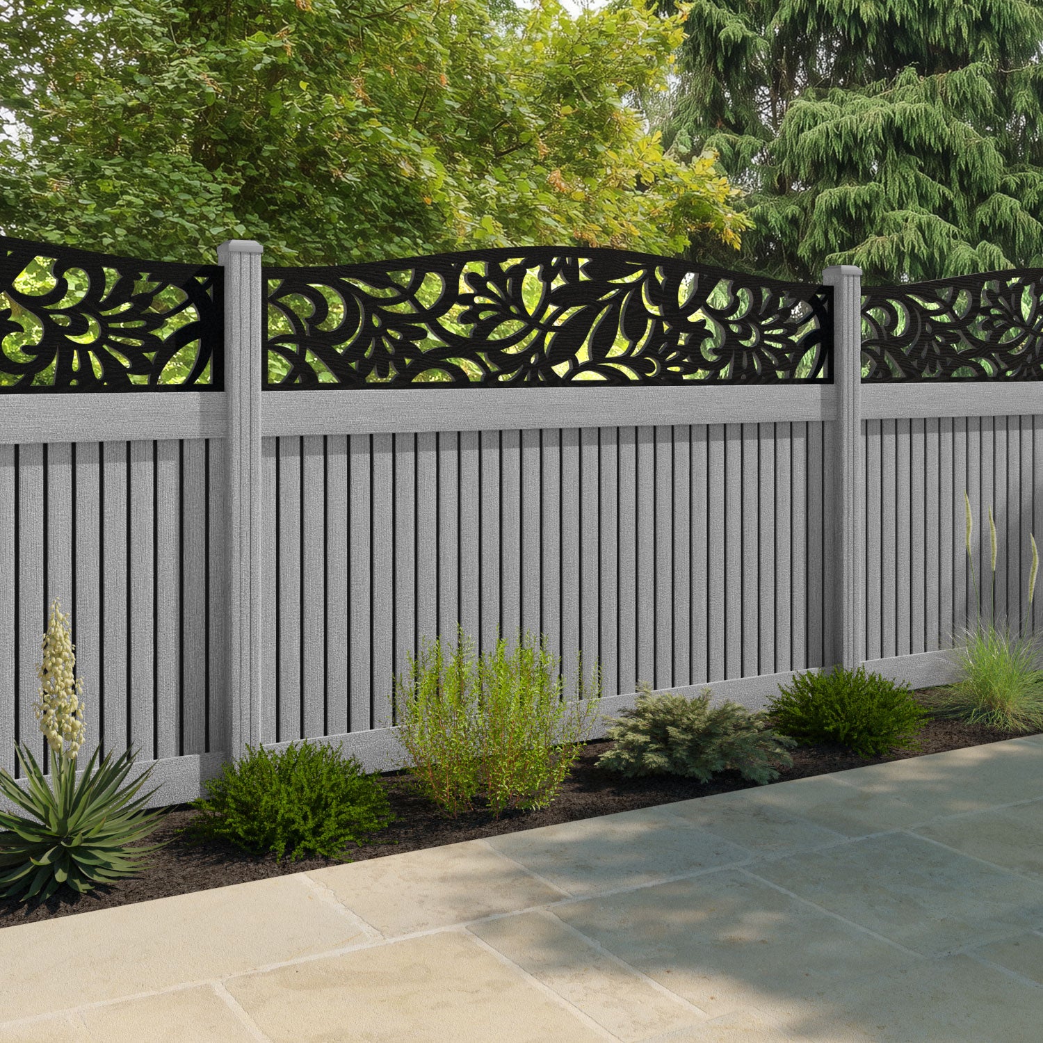 Virtis Heritage Curved Top Fence Panel - Light Grey - with our composite posts