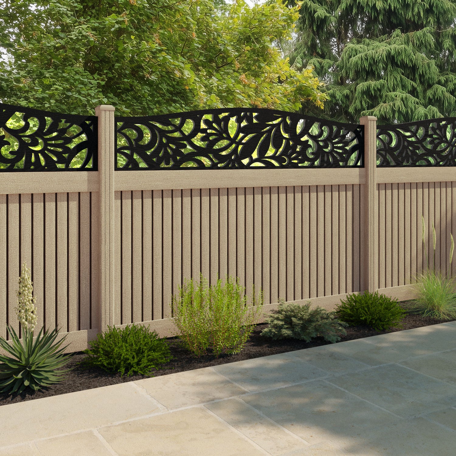 Virtis Heritage Curved Top Fence Panel - Light Oak - with our composite posts