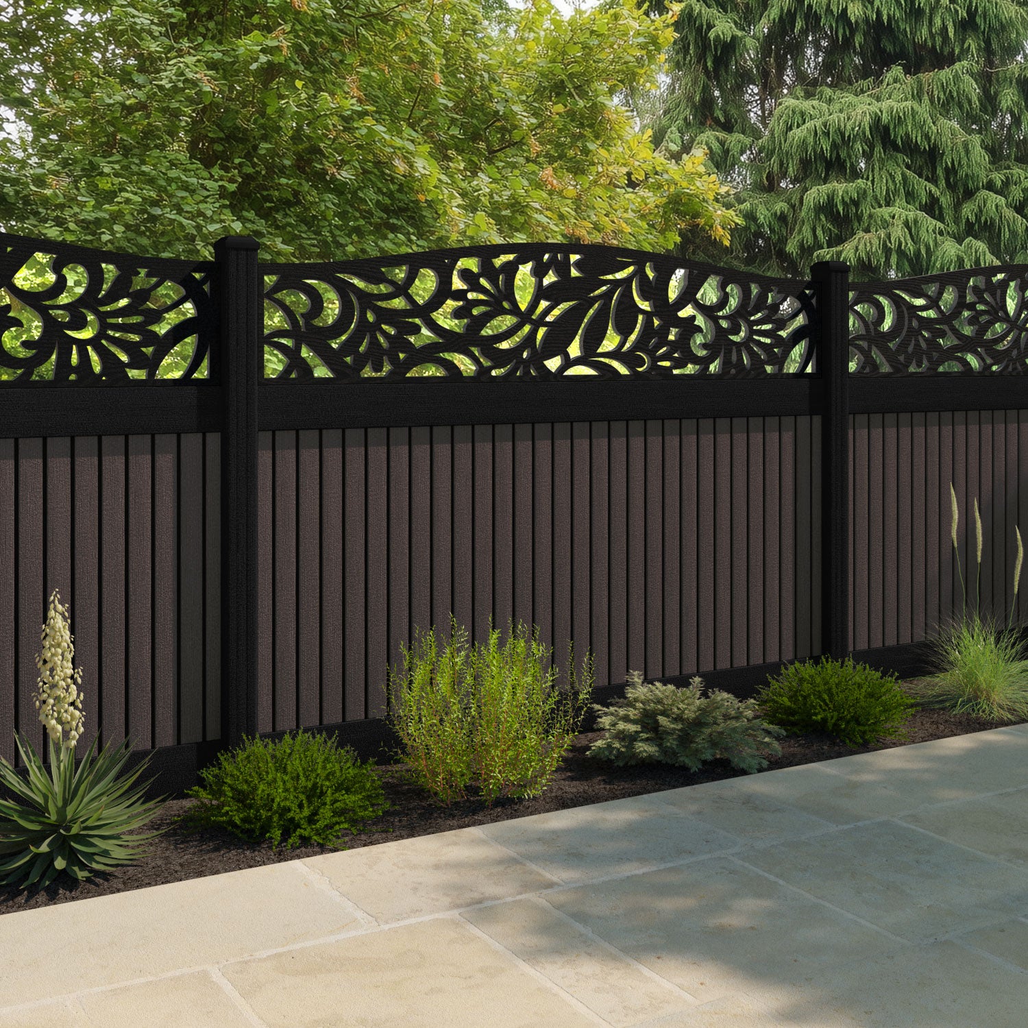 Virtis Heritage Curved Top Fence Panel - Mid Brown - with our composite posts