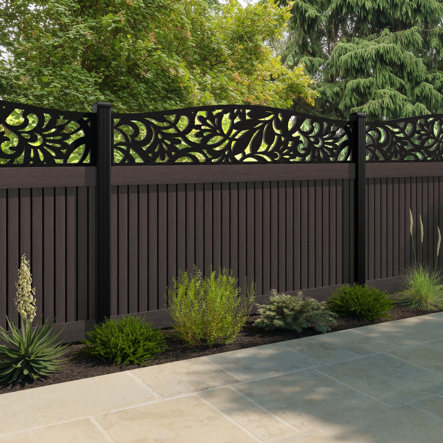 Virtis Heritage Curved Top Fence Panel - Mid Brown - with our composite posts