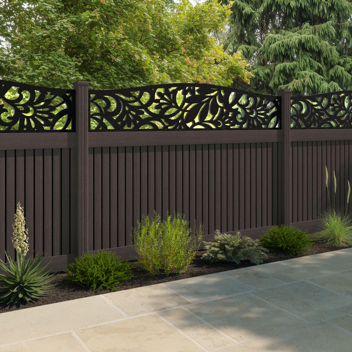 Virtis Heritage Curved Top Fence Panel - Mid Brown - with our composite posts