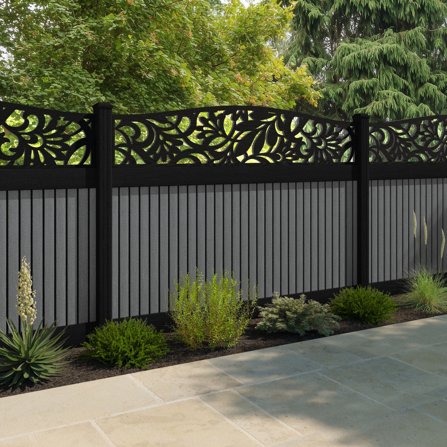 Virtis Heritage Curved Top Fence Panel - Mid Grey - with our aluminium posts