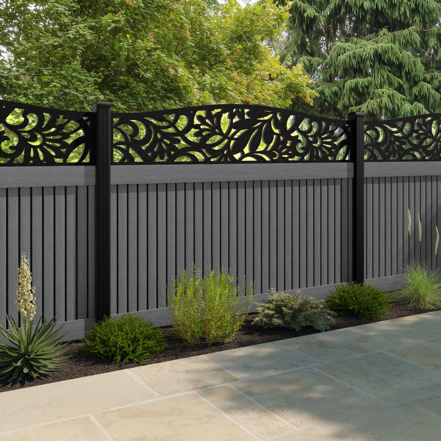 Virtis Heritage Curved Top Fence Panel - Mid Grey - with our aluminium posts