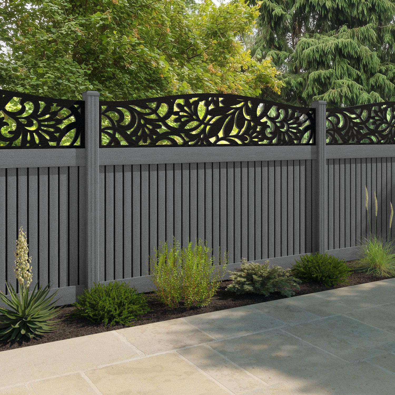 Virtis Heritage Curved Top Fence Panel - Mid Grey - with our composite posts