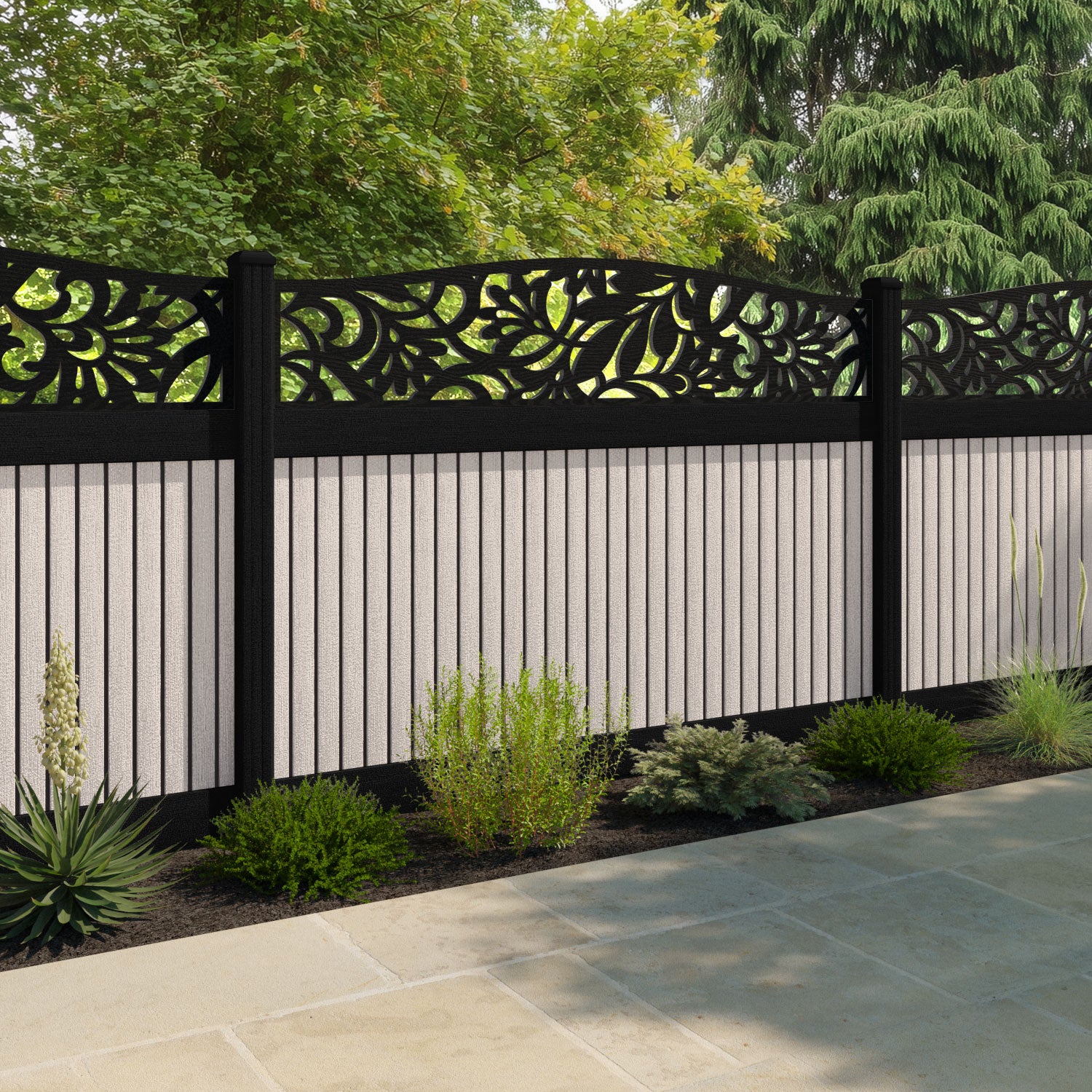 Virtis Heritage Curved Top Fence Panel - Mid Stone - with our aluminium posts