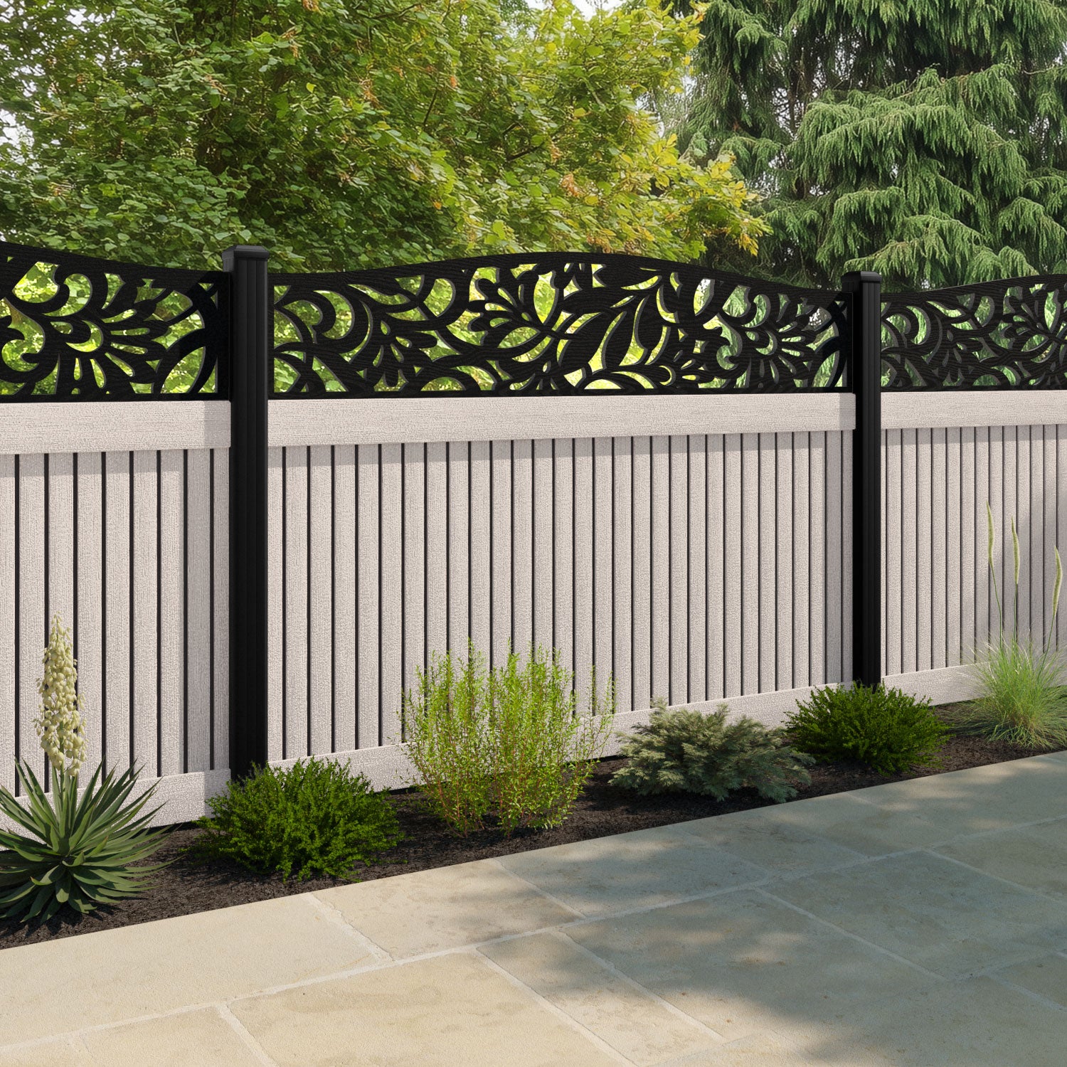 Virtis Heritage Curved Top Fence Panel - Mid Stone - with our aluminium posts