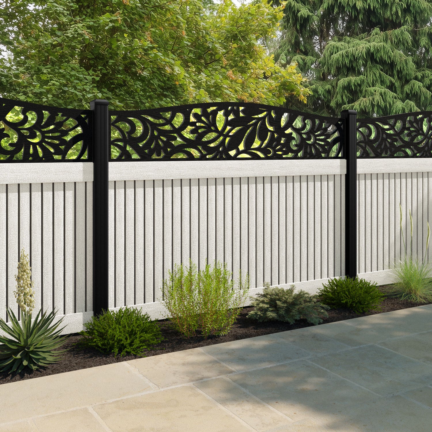 Virtis Heritage Curved Top Fence Panel - Light Stone - with our aluminium posts