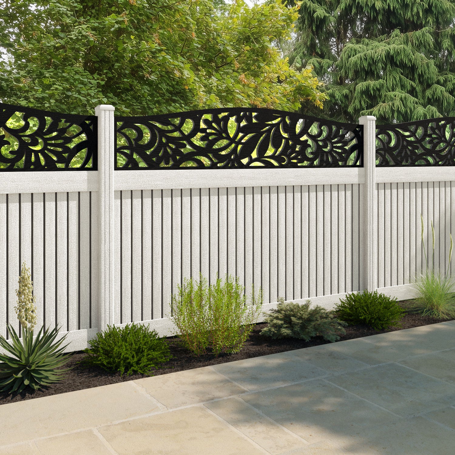 Virtis Heritage Curved Top Fence Panel - Light Stone - with our composite posts