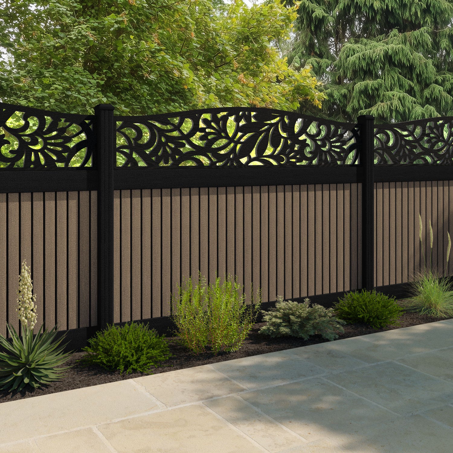 Virtis Heritage Curved Top Fence Panel - Teak - with our aluminium posts