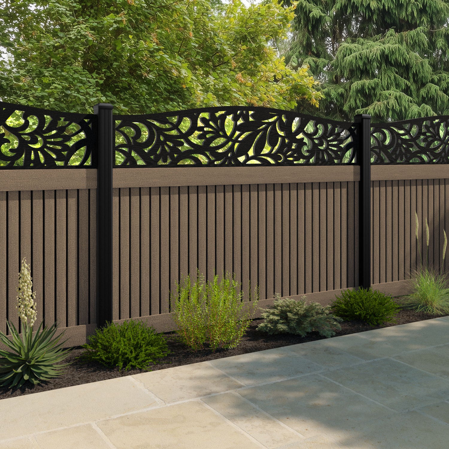Virtis Heritage Curved Top Fence Panel - Teak - with our composite posts