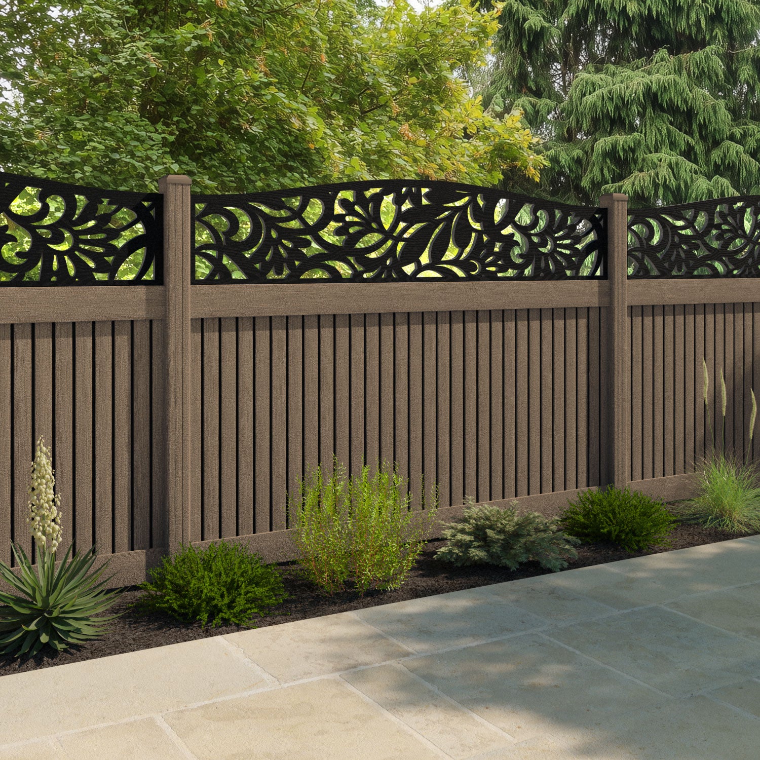 Virtis Heritage Curved Top Fence Panel - Teak - with our composite posts