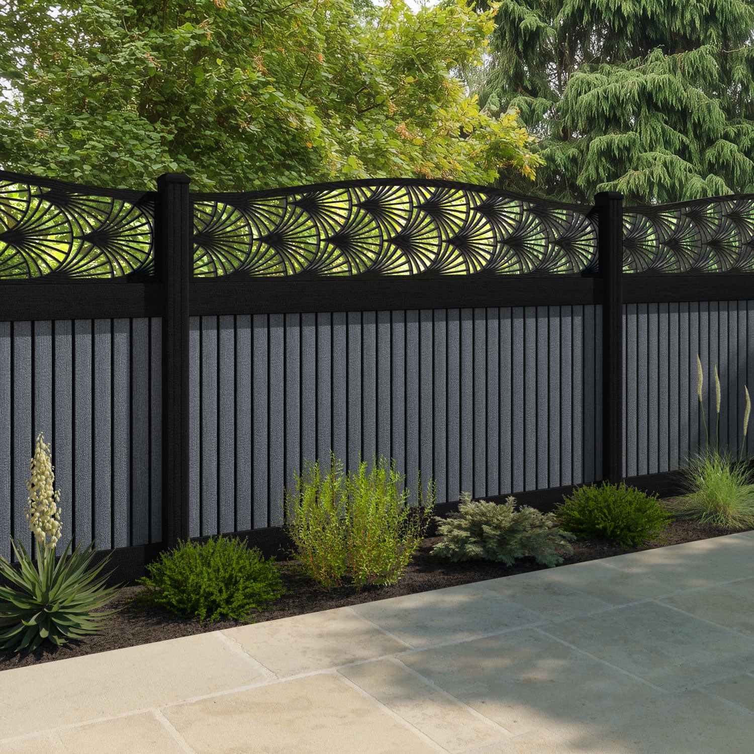 Virtis Laurel Curved Top Fence Panel - Anthracite - with our composite posts